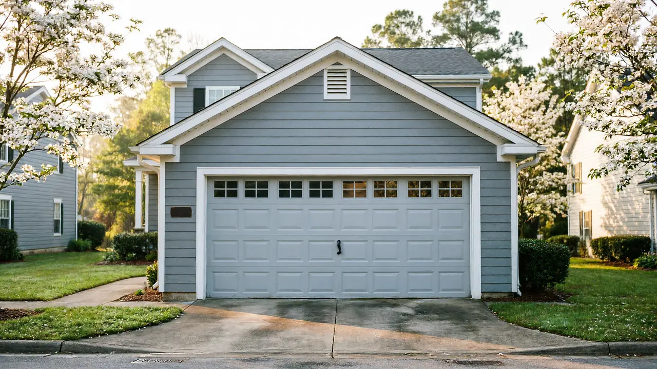 The house has light blue siding and a gray garage door with windows.
