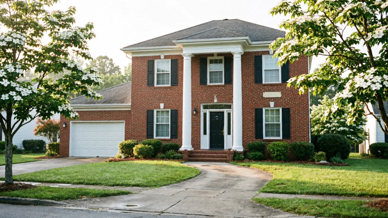 A two-story brick house has a white garage door and a black front door.