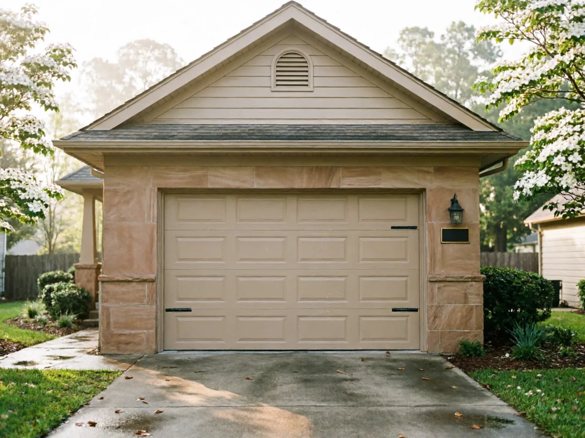 A beige garage door with decorative black hinges on a stone garage.