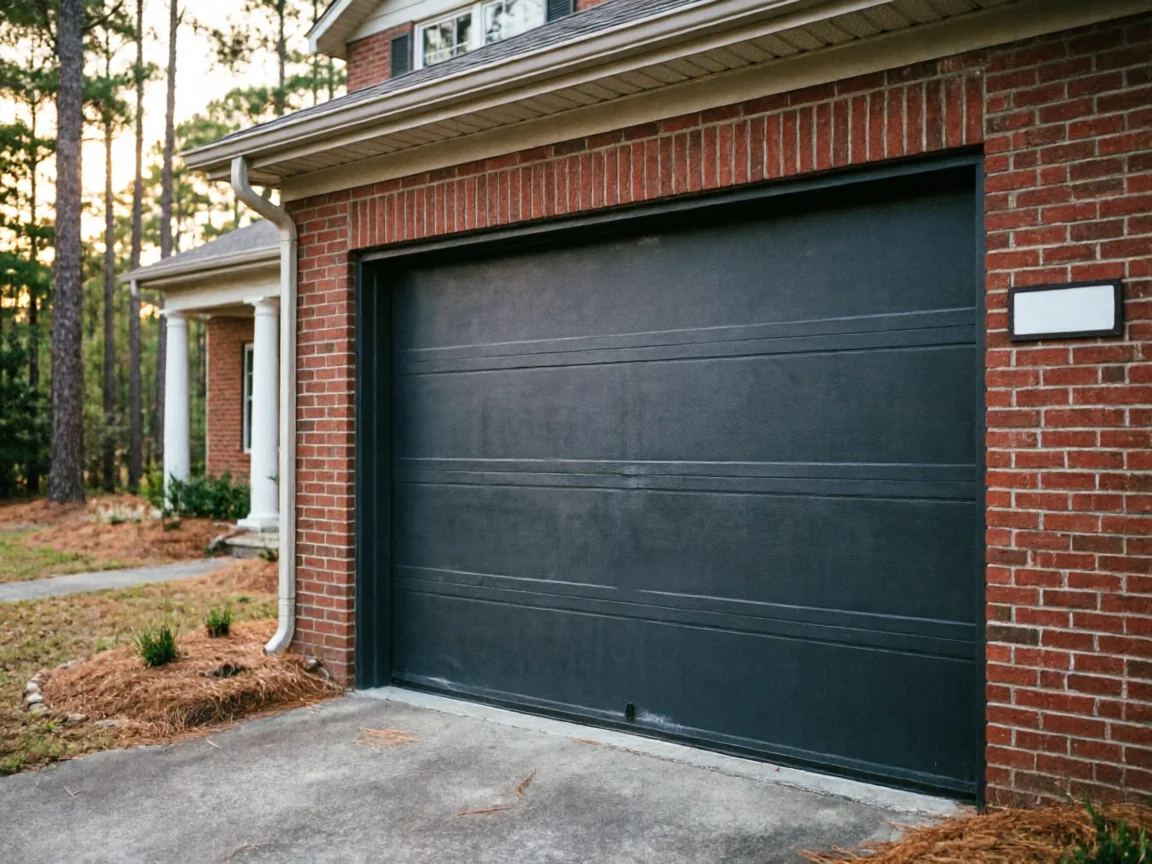 A dark gray garage door is installed in a red brick house.