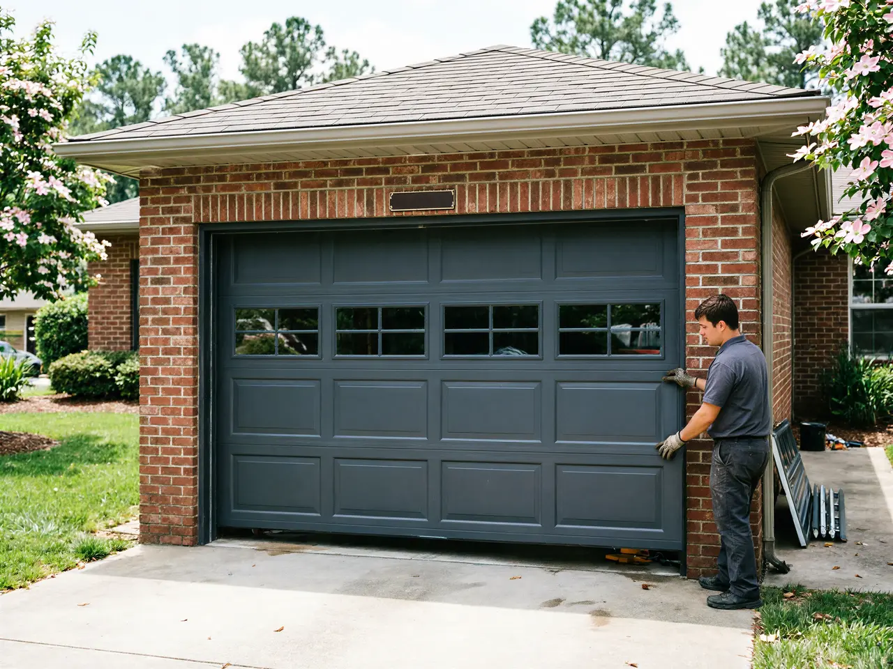 A technician in a gray shirt is installing a dark gray garage door on a brick house.