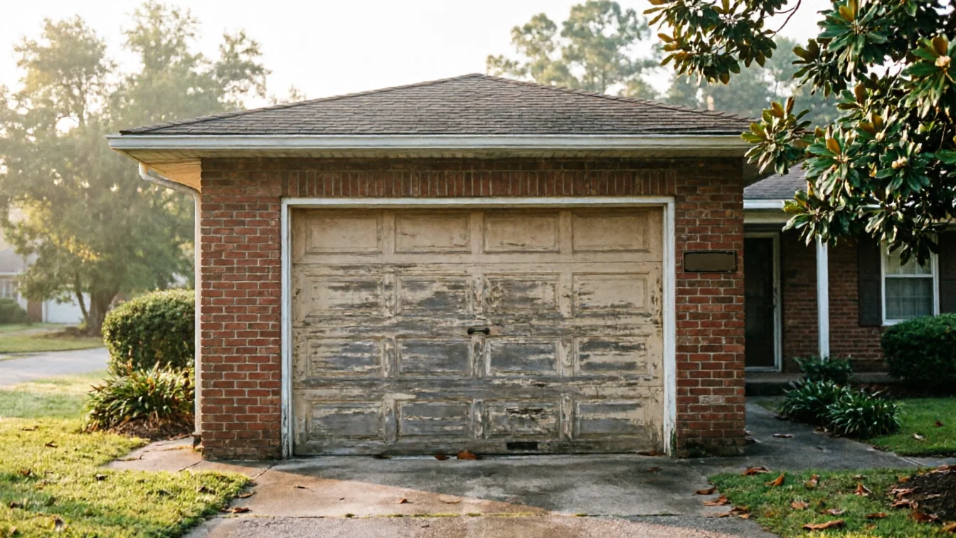 The garage door on a brick house has peeling paint and a small window.