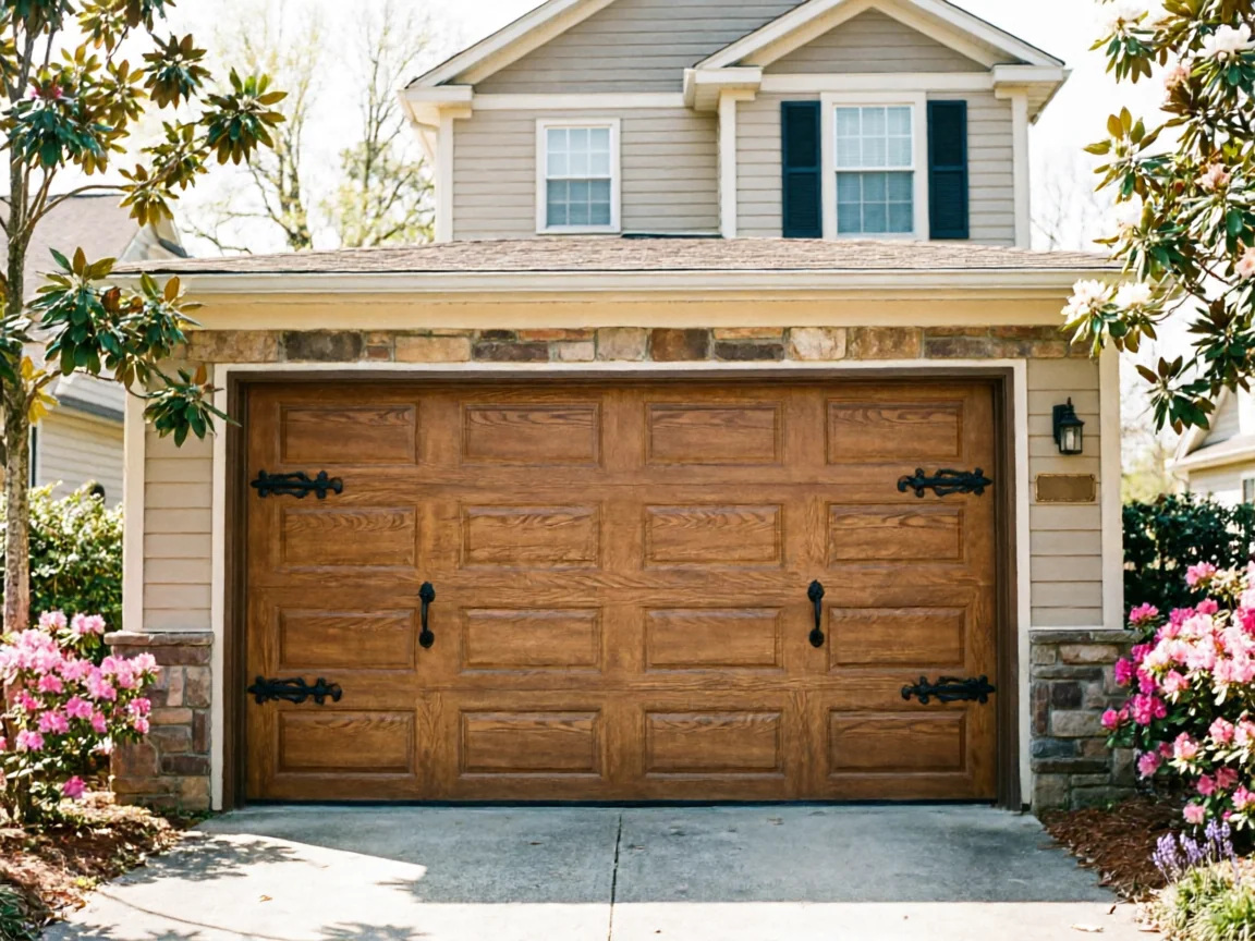 The brown garage door has decorative black hardware and is surrounded by stone and flowers.